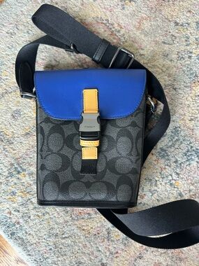 Coach Signature Crossbody Bag in Black & Blue with Yellow Accent